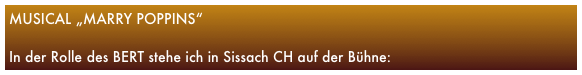 MUSICAL „MARRY POPPINS“

In der Rolle des BERT stehe ich in Sissach CH auf der Bühne: